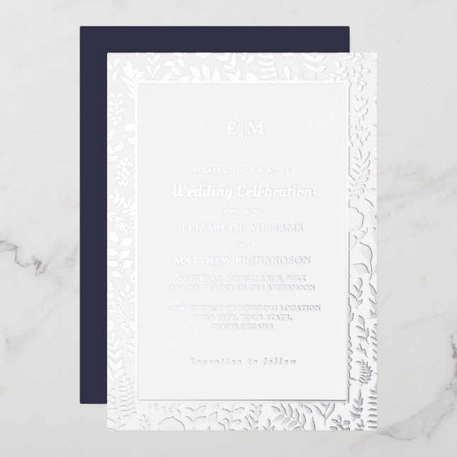 Marineblau | Silver Elegant Luxury Wedding Real Folieneinladung (Vorderseite/Rückseite)