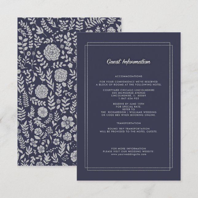 Marineblau | Silver Floral Wedding Details Card Begleitkarte (Vorne/Hinten)