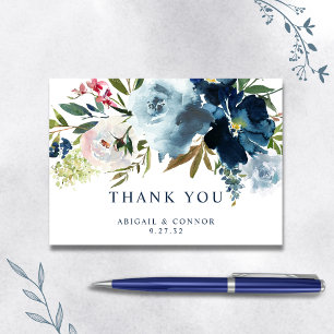 Marineblau & Staubblau Elegante Florale Wasserfarb Dankeskarte