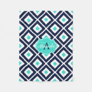 Marineblau, Türkis, Weißer Ikat Diamond Fleecedecke