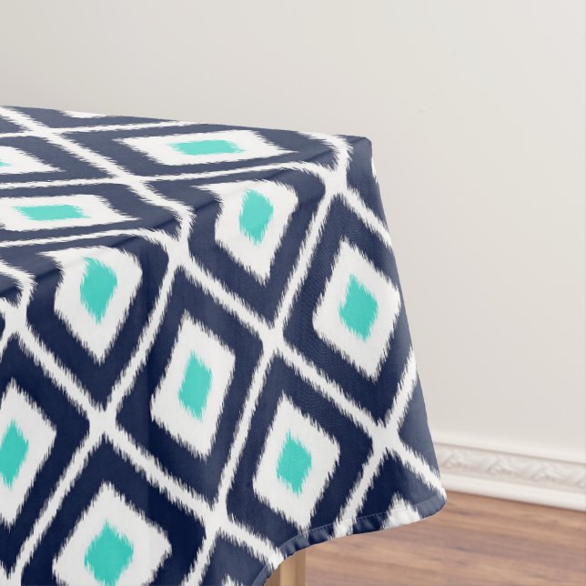 Marineblau, Türkis, Weißer Ikat Diamond Tischdecke (Beispiel)