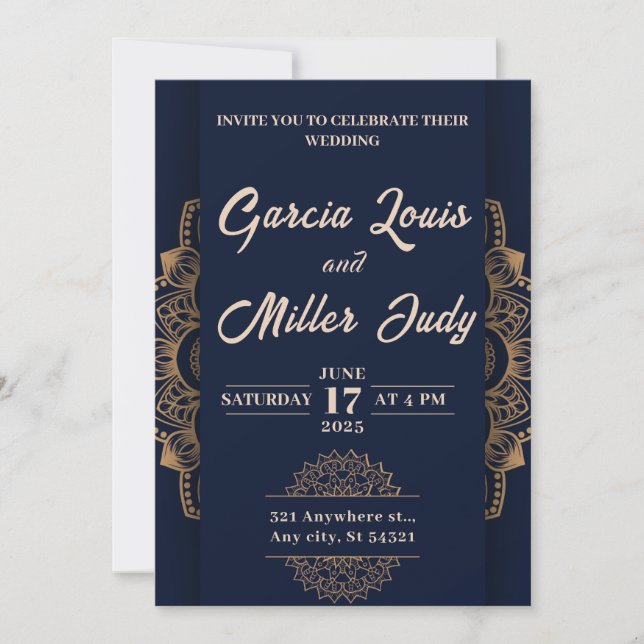 Marineblau und Gold Luxury Wedding Einladung (Vorderseite)