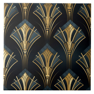 Marineblau und Goldene Art Deco Diamantfächer Fliese
