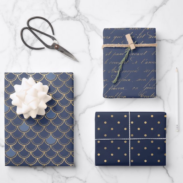 Marineblau und Goldmeer - Thema nahtlos Geschenkpapier Set (Vorderseite)