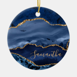 Marineblau und Kunstgold Glitzer Marmor-Achat Keramik Ornament