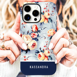 Marineblau und Pfirsich Custom Name Floral  iPhone 16 Pro Max Hülle