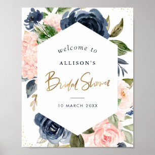 Marineblau- und rosa-blumiges Hochzeitsbegrüßungss Poster