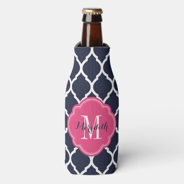 Marineblau und rosa marokkanische Quatrefolienmono Flaschenkühler (Flaschenvorderseite)