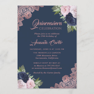 Marineblau und Rose Gold Quinceñera 15. Geburtstag Einladung