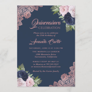 Marineblau und Rose Gold Quinceñera 15. Geburtstag Einladung