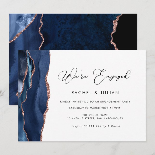 Marineblau und Rose Goldagate Party Einladung (Vorne/Hinten)