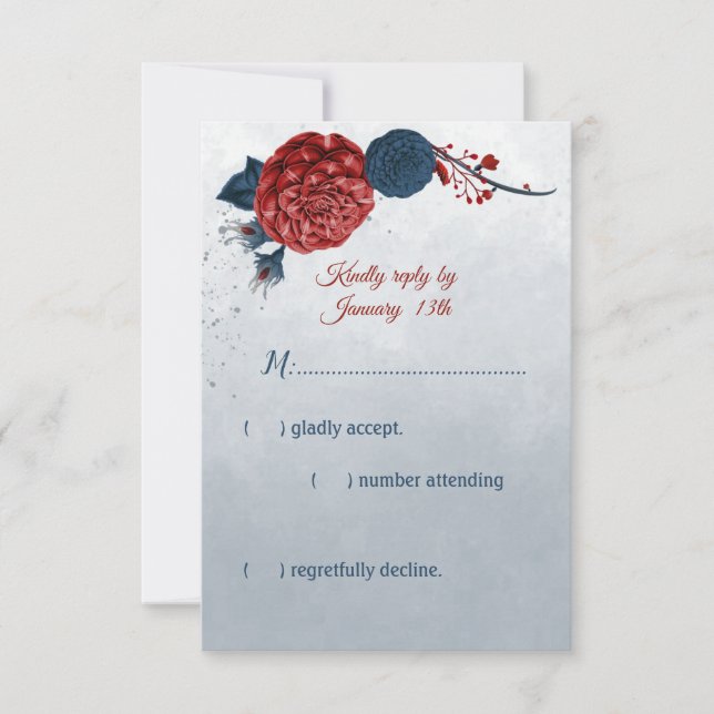 Marineblau und rote Blume RSVP Karte (Vorderseite)