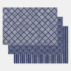 Marineblau und silberne geometrische Muster Elegan Geschenkpapier Set