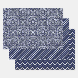 Marineblau und silberne geometrische Muster Elegan Geschenkpapier Set
