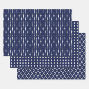 Marineblau und silberne geometrische Muster Elegan Geschenkpapier Set