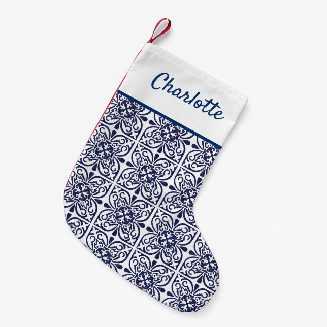 Marineblau und Weiß Hamptons Stil marokkanisch gep Kleiner Weihnachtsstrumpf (Vorderansicht (hängend))