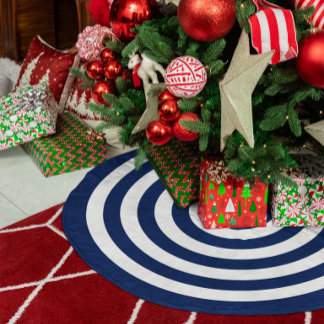 Marineblau- und Weiß-Konzentrische-Kreismuster-Rin Polyester Weihnachtsbaumdecke