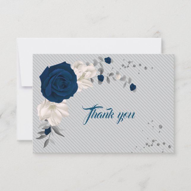 Marineblau und weiße Blume, graue Blätter Dankeskarte (Vorderseite)