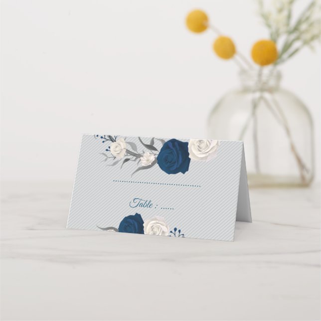 Marineblau und weiße Blume silberne Blätter grau Platzkarte (Vorderseite)