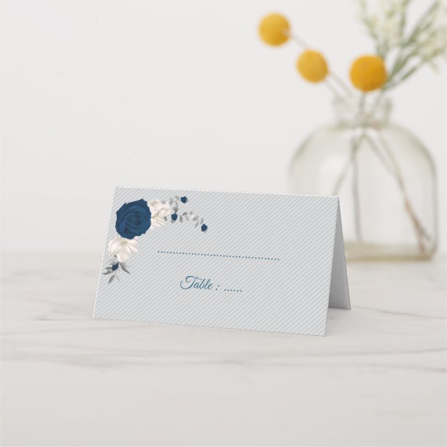 Marineblau und weiße Blume silberne Blätter grau Platzkarte (Vorderseite)