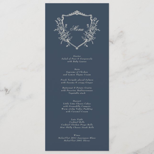 Marineblau Wappen Classic Elegante Hochzeit Menükarte (Vorderseite)