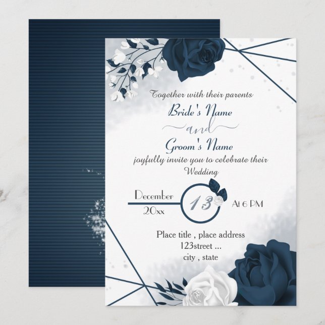 Marineblau & Weiß Blume Hochzeit Einladung (Vorne/Hinten)