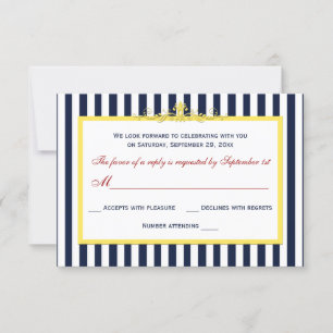 Marineblau, Weiß, Gelb, Rot gestreifte Scroll-RSVP RSVP Karte
