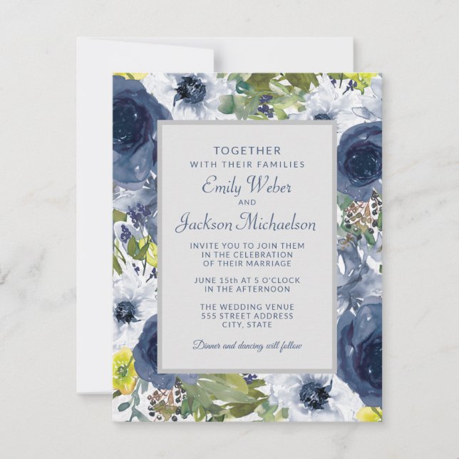 Marineblau, weiße Blüte und graue Hochzeit Einladung (Vorderseite)