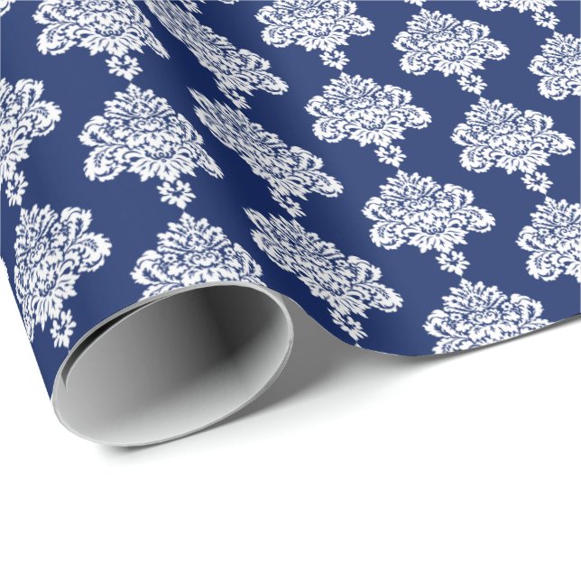 Marineblau | Weißes Damaskop-Papier Geschenkpapier (Rolleneckpunkt)