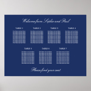 Marineblaue 7-Tisch-Hochzeits-Sitzplanposter Poster