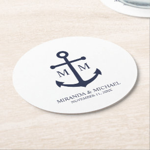 Marineblaue Anker-Hochzeit Runder Pappuntersetzer