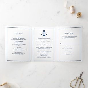 Marineblaue Anker-Monogramm Nautische Elegante Hoc Dreifach Gefaltete Einladung