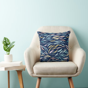Marineblaue Aquarell-Abstraktkunst-Blattmuster Kissen