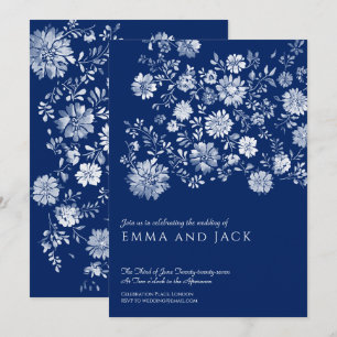 Marineblaue Aquarell-Blumen-Hochzeitseinladung Einladung