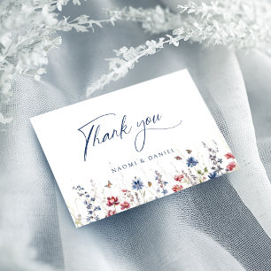 Marineblaue Aquarell-Wildblumen-Rustikale Hochzeit Dankeskarte