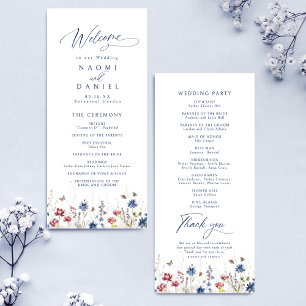 Marineblaue Aquarell-Wildblumen-Rustikale Hochzeit Menükarte