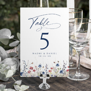 Marineblaue Aquarell-Wildblumen-Rustikale Hochzeit Tischnummer