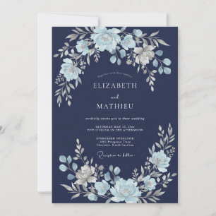 Marineblaue Ätherische Blumige Hochzeit Einladung