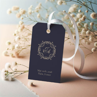 Marineblaue barocke Monogramm-Hochzeitsgeschenkkar Geschenkanhänger