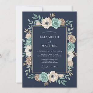 Marineblaue Blumen-Garland-Hochzeit Einladung