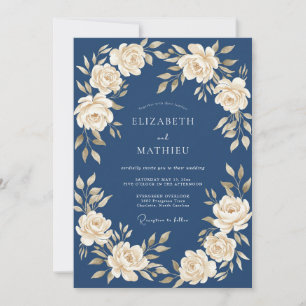 Marineblaue Blumen-Garlande Hochzeit Einladung