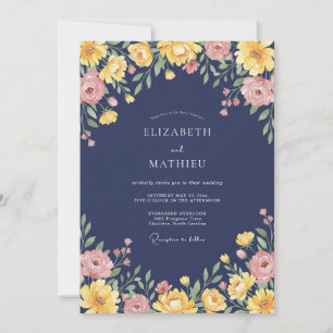 Marineblaue Blumen Hochzeit Romantik Einladung