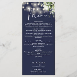 Marineblaue Blumen-Lichterkette Hochzeitsdinner Menükarte