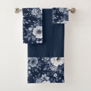 marineblaue Blumen moderne dekorative Badezimmer Badhandtuch Set
