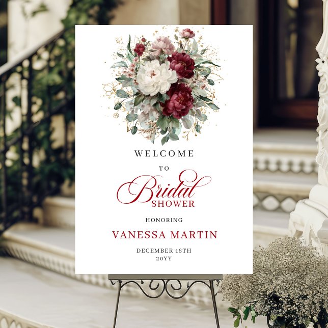 Marineblaue Blumeneukalyptus-Goldene Hochzeit-Empf Poster (Maroon Floral Eucalyptus Gold Bridal Welcome Sign

)