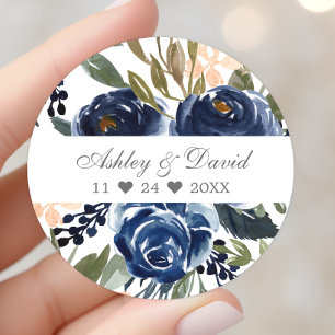 Marineblaue Blumige Wasserfarbenen Hochzeit Runder Aufkleber