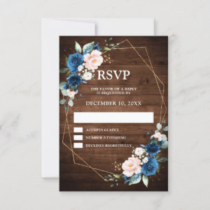 Marineblaue Blush-Rustikal-Holzdruck Gold Geometri RSVP Karte