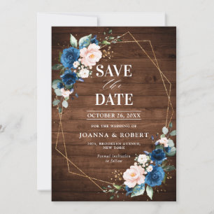 Marineblaue Blush-Rustikal-Holzgold-Geometrische H Save The Date