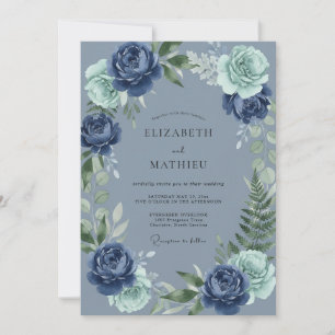 Marineblaue Blüten-Hochzeit Einladung