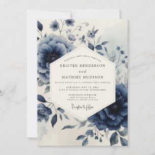 Marineblaue botanische Hochzeit mit melancholische Einladung